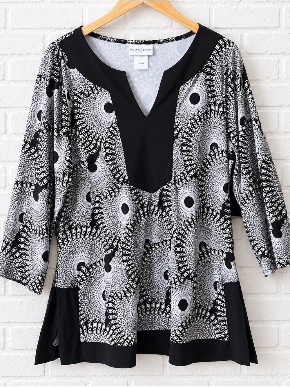 JACLYN SMITH 3/4 Sleeve Tunic Top in Black/White Print XL